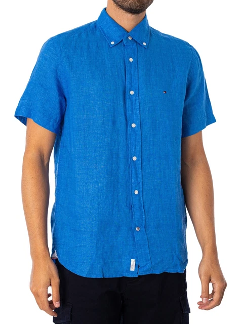 Tommy Hilfiger Uomo Camicia a maniche corte in lino tinto pigmento, Blu