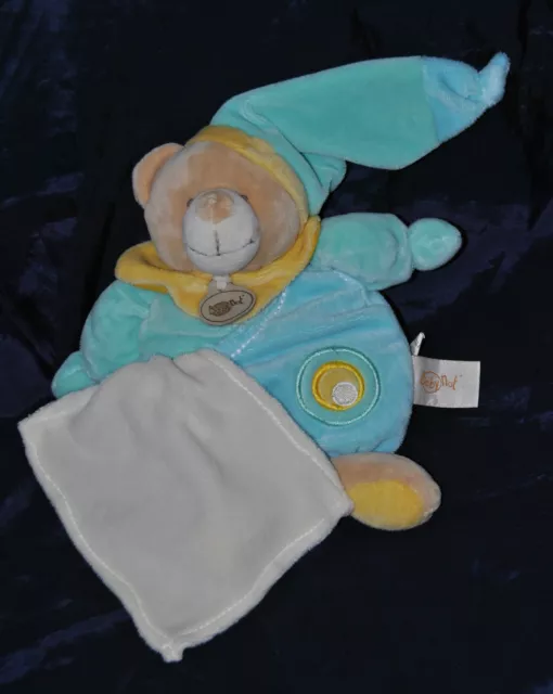 Doudou Ours Bleu Vert Jaune BABY'NAT BABYNAT Col Lune Mouchoir 24 Cm Etat NEUF