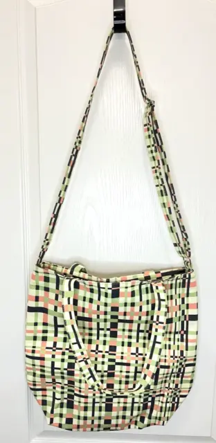BP. Cotton Canvas Tote Bag Green Orange Black Plaid Pixel Adjustable Lightweight