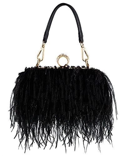 Women Ostrich Feather Tote Bag Fluffy Purse Clutch Feather Evening Handbag fo...