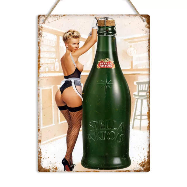 STELLA ARTOIS Pin Up Ragazza Vintage Retro Metallo Insegna Latta Placca Uomo Grotta Pub Birra