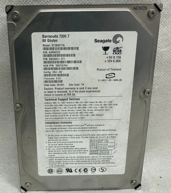 Seagate Barracuda 7200.7 ST380011A 80 GB Hard Drive - Untested