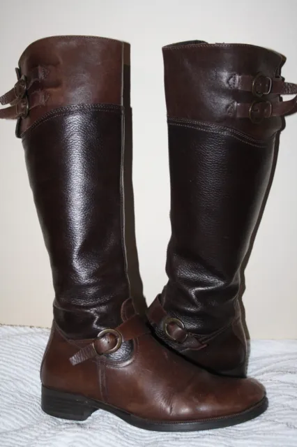 Aldo Ladies Brown Leather Double Buckled Side Zipped Riding Style Boots  Sz : 38