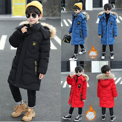 Boys Padded Coat Long Parka Hooded Warm Student Kids Jacket Winter Outercoat