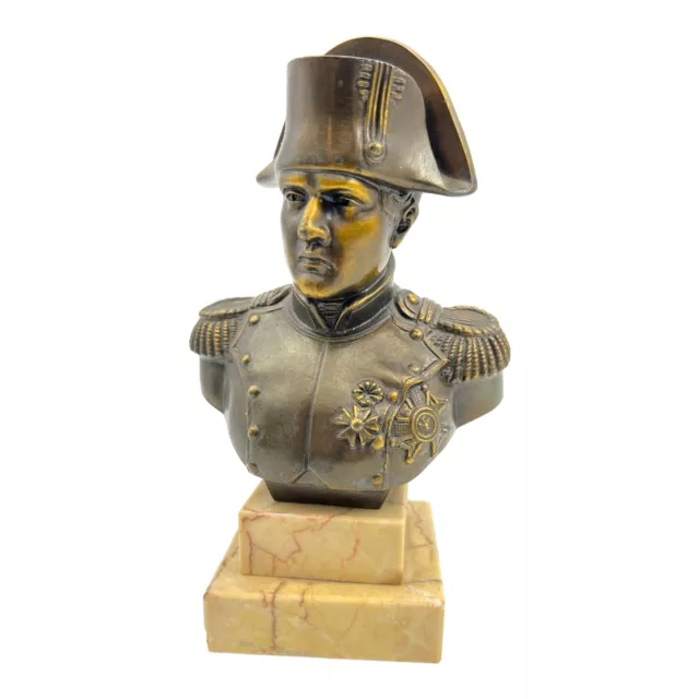 Vtg Bronzed Cast Metal Napoleon Bust Marble Base 7" in Military Uniform Regalia