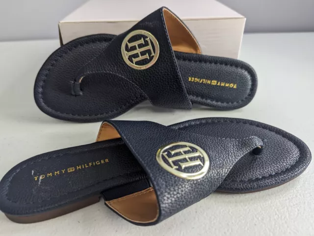 Tommy Hilfiger Navy Blue Leather Sandals Flip Flops Womens Size 6.5 Twsinder NEW