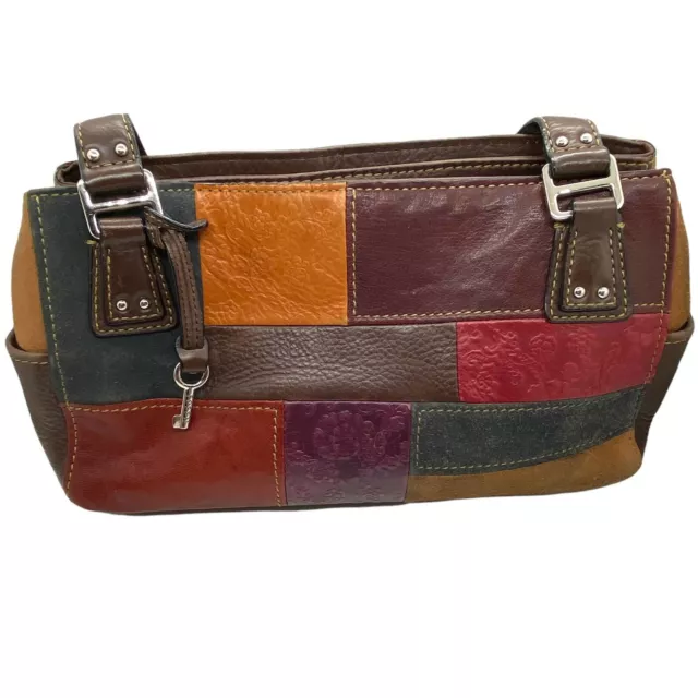 Patchwork Fossil Handbag Purse Womens Multicolor Leather Distressed Shoulder Vtg