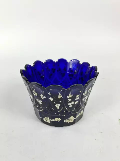 Glas Schale Antik Kobaltblau Facettiertes Pressglas um 19. Jh. Emaille Auflage