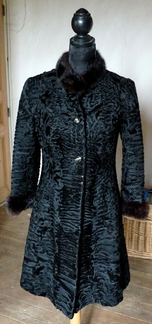Manteau Long Vintage En Astrakan Noir - Col Vison Clair, Doublure Polyester - Taille L, Style Rétro Femme - Très Bon état Général