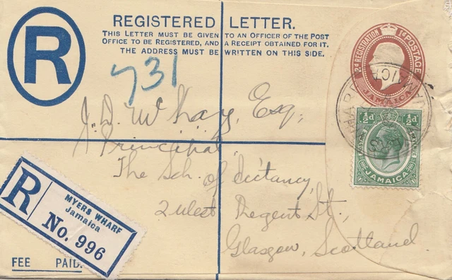 Jamaica 1928: Registered Letter Myers Wharf To Glasgow