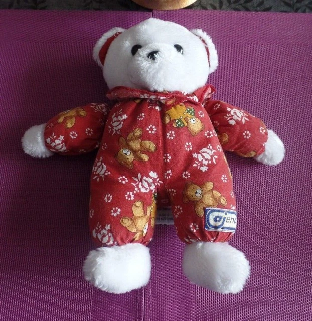S7 / doudou peluche ours blanc tissu rouge motif nounours grelot AJENA vintage