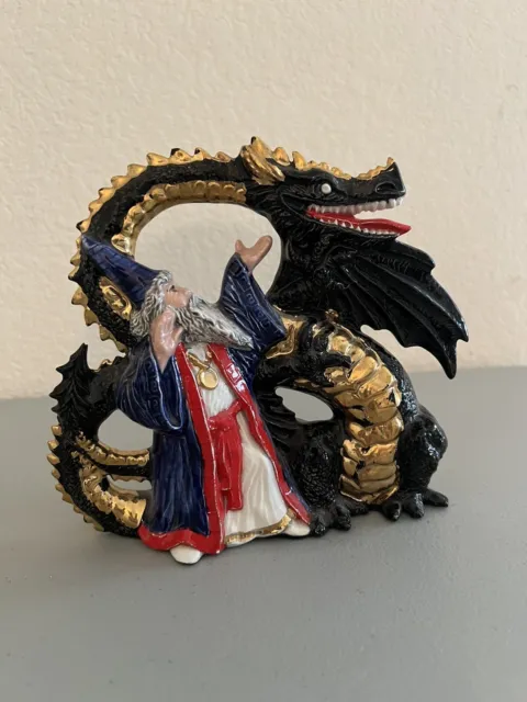 Ceramic Dragon & Wizard Figurine 6.5” Tall 7” Wide