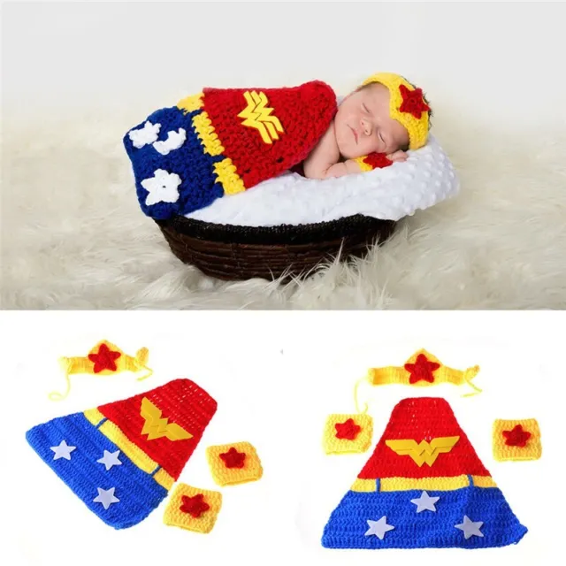 Newborn Baby Knit Wonder Woman Costume Photography Photo Prop Hat Cap Set Outfit