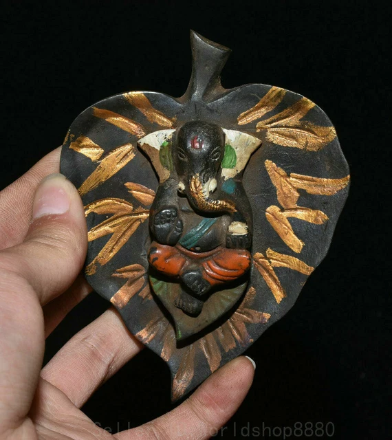 4.4" Old Tibetan Bronze Painting tree leaf Elephant nose Buddha Pendant