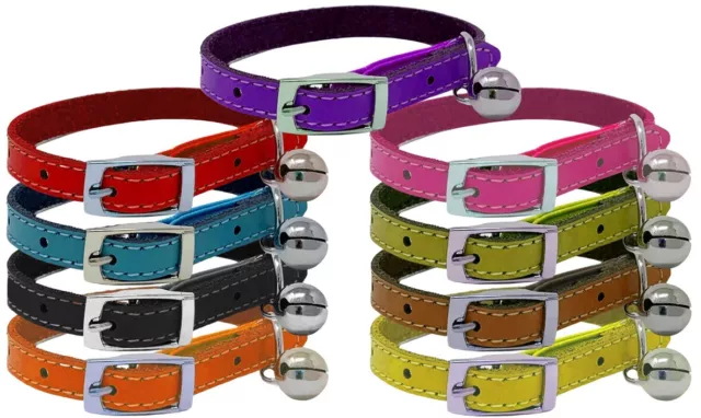 Cat Collar REAL LEATHER with Safety Elastic, Bell, Range of Colours Available