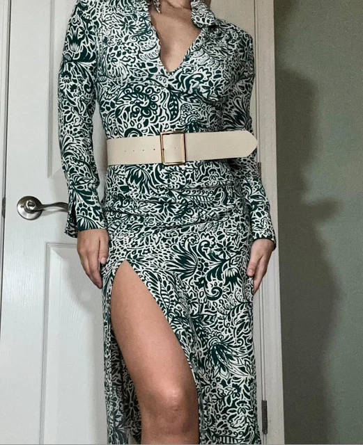 zara green and cream dress Zara Zara Green Cream Geometric Print Tie Waist Midi Dress