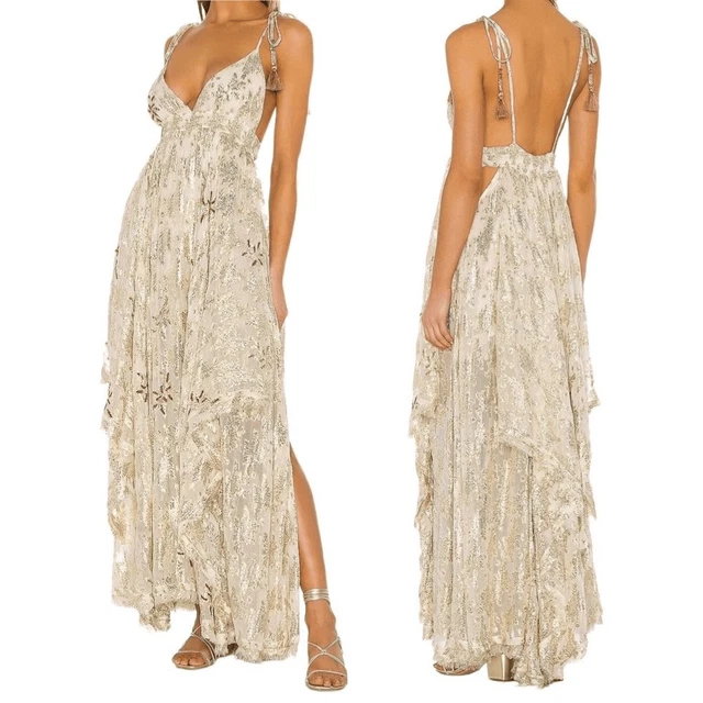 Free People Meredith Maxi Dress in Gold Foil Shimmer Women’s Size M