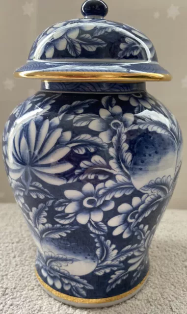 Temple Jar Blue And White Taiwan Ceramic Lidded Gold Leaf Floral Hand Painted