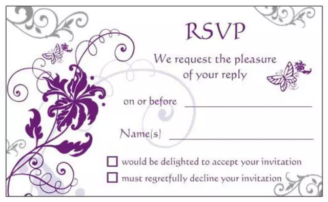 50 x WHITE RSVP CARDS wedding invitations reply response purple silver butterfly