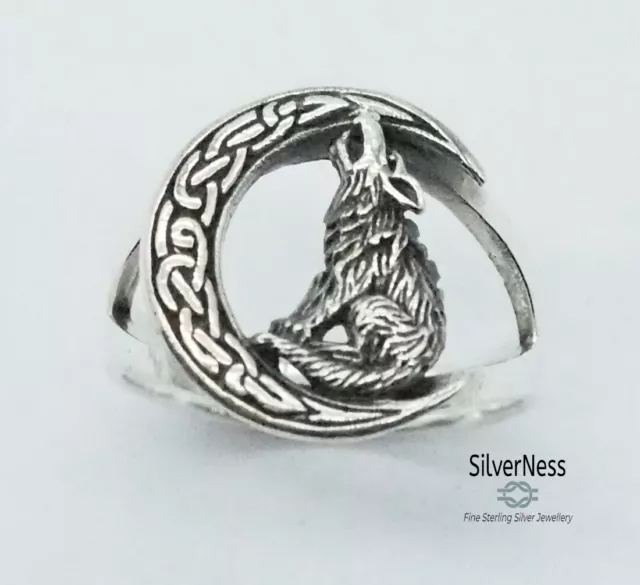 SilverNess Men's Jewellery Wolf Howling at Moon Ring: 925 Sterling Silver