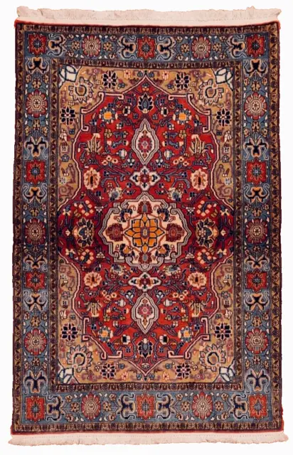 Hand Knotted Red Blue Medallion Qumm Oriental Wool Area Rug 3'5" x 5'2"