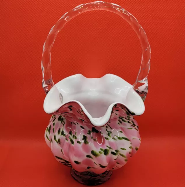Fenton Vasa Murrhina Pink Green Art Glass Basket Vase Legacy Collection 9" Tall