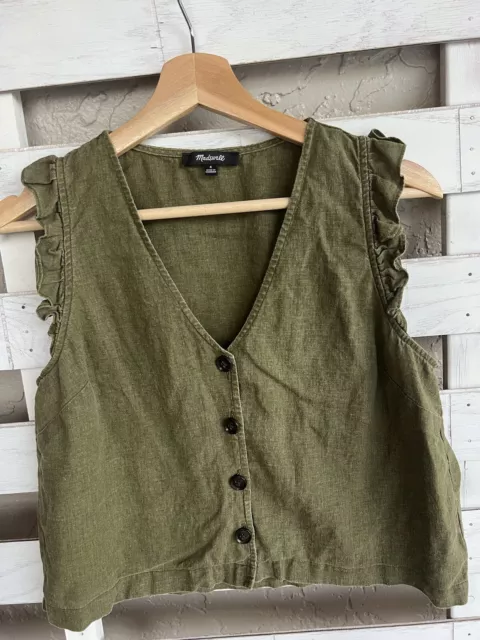 Madewell Womens Size 4 Ruffle Trim Green Linen Sleeveless Blouse Cropped Top