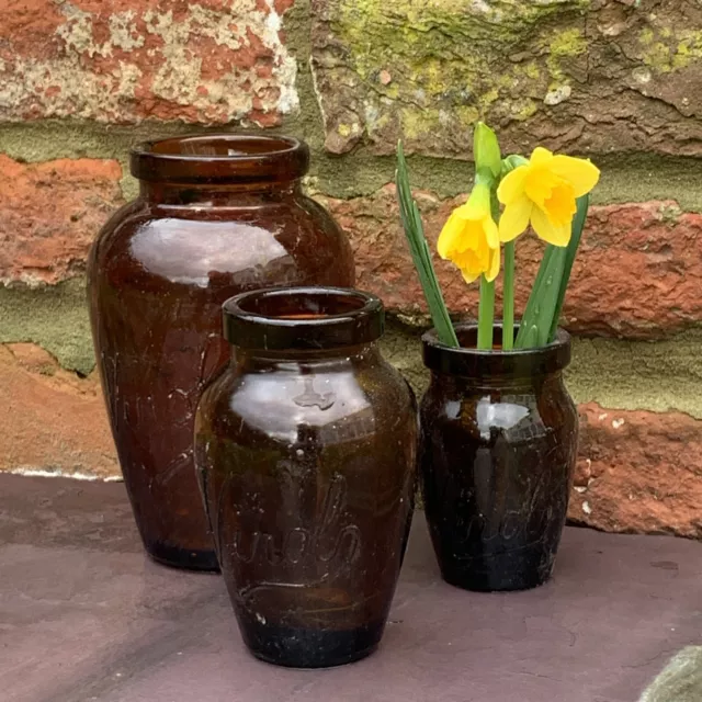 Collection of 3 Victorian Virol Glass Jars Vintage Wedding Vase Home Décor