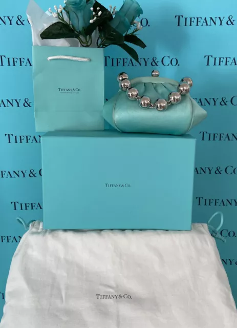 Tiffany&Co Holly Blue Satin Purse Bracelet Bag Silver Ball Bead Dustbag Box