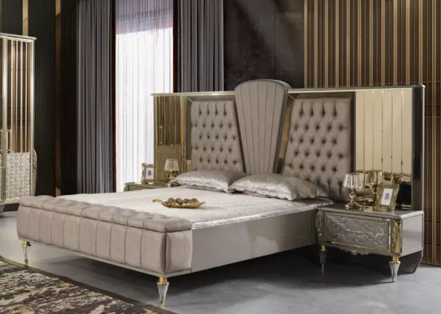 Ensemble Lit Double Luxe Chambre à Coucher Beige Nachttische Bois Set 3tlg
