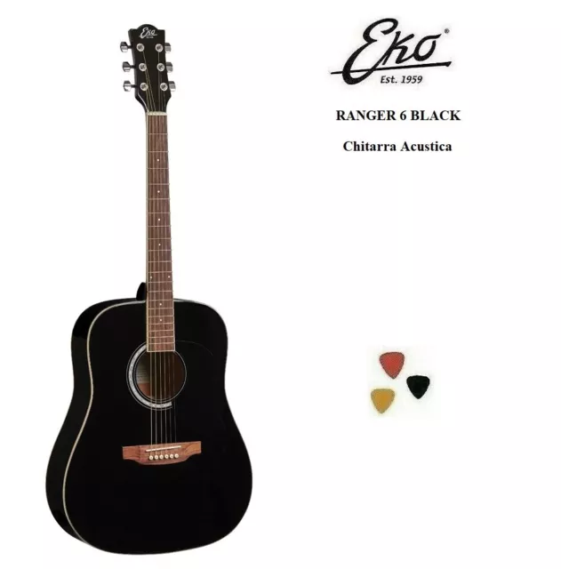 Eko Ranger 6 Black Nera Chitarra Acustica Folk  + 3 Plettri Nuova Discomixsound