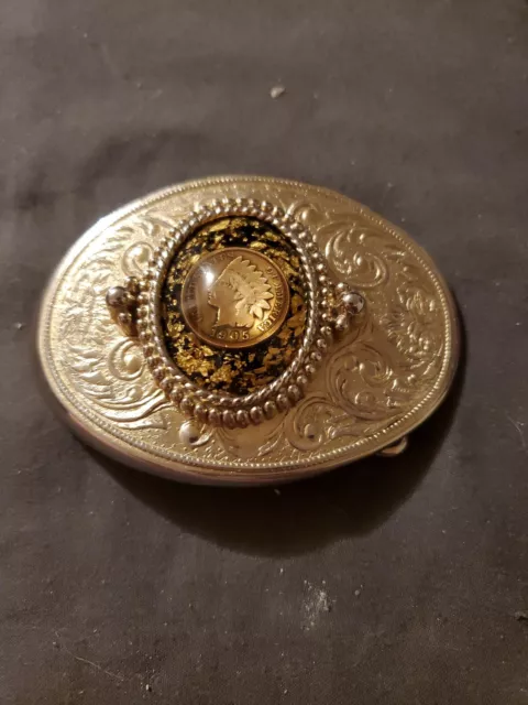 1805 Indian Head Penny Belt Buckle With Gold Foil Flakes Vintage Western