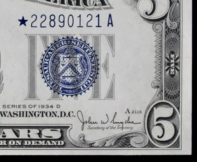 $5 1934D Star CU Wide 1 Blue Seal Silver Certificate *22890121A Series D bp 2004
