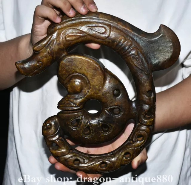 10.8" Rare Old Chinese Jade Carved Hongshan culture Pig dragon hook Statue
