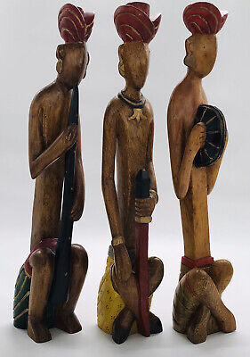 Lot of 3 Wood Primitive Tribal Statue Figurine Hand Carved Hand Painted 18” Tall