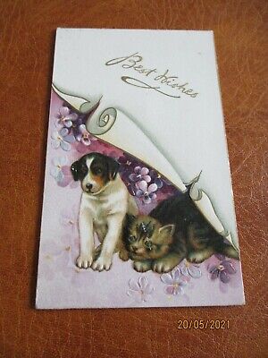 Vintage Raphael Tuck Christmas Greetings card, Cat, Dog, Best wishes