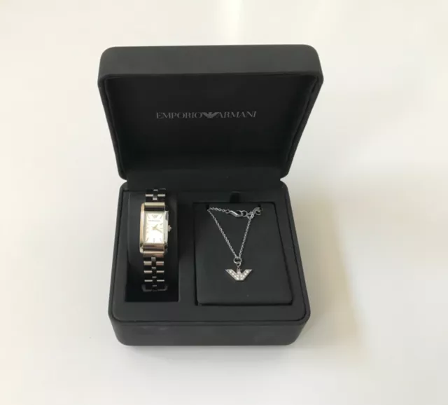 New Gift Set Of Emporio Armani Silver S/Steel Watch+Crystal Necklace Ar8014+Box