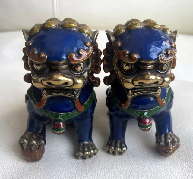 Pair Chinese Brass Cloisonne Guardion Fu Foo Dogs Lion Beast Statue Feng Shui