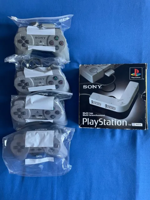 Official Sony Grey Multitap Adaptor SCPH-1070 + 4 PlayStation PS1 Controllers