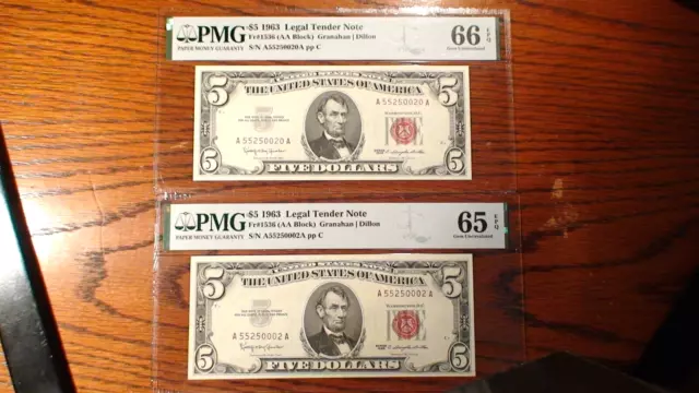 TWO 1963 PMG GEM UNC 65 & 66 EPQ Five Dollar U.S. LEGAL TENDER Notes $5 Bills!