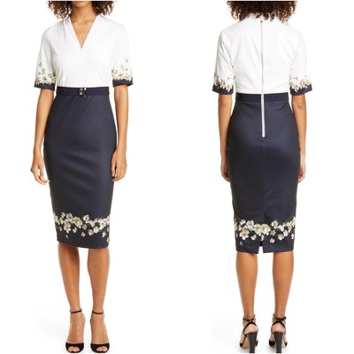 Ted Baker Pearl V Neck Midi Sheath Dress Navy Blue Floral Size 3 (US Size 8) NWT