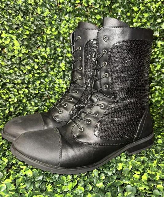 Gia Mia Women’s Sequin Lace Up Combat Boots Size 12 Black Lace Up Side Zipper