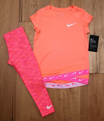 Nike Little Girls T-Shirt and Leggings Set ~ Neon Orange, Pink & White ~