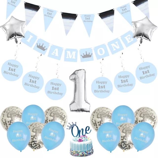 Boys 1St Birthday Decorations Set Bunting Banner Balloons Garland Swirls Party