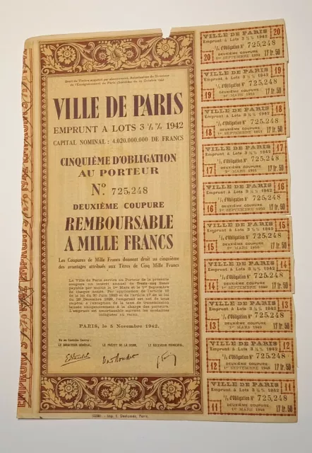 Document d'Emprunt de la VILLE DE PARIS 1942