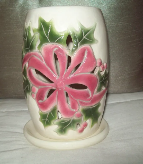 Hurricane Style Ceramic 2-Pc Candle Holder Holly W/Pink Ribbon Holds 2” Candle