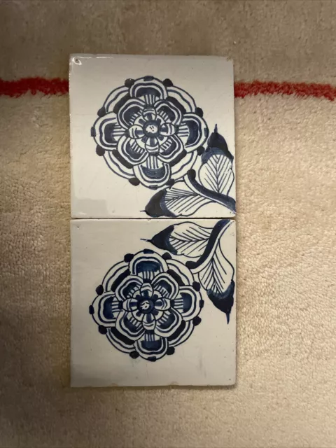 2 Fliesen Kachel antique dutch tile tuile tegel Delft Art antik alt Blumen