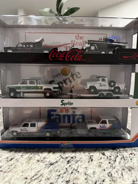 Set Of 3- 2023 M2 Haulers Sprite Chevrolet,  Fanta 1973 GMC  Coca Cola Chevrolet