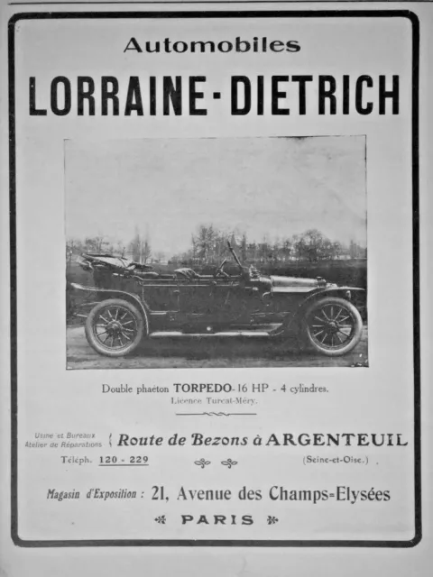 1911 Automobiles Lorraine Dietrich Double Phaeton Torpedo Press Advertisement