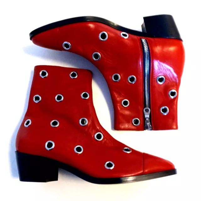 NEW Modern Vice Designer Red Leather $398 Ankle Boots Gold Studs Size 7, 37 2